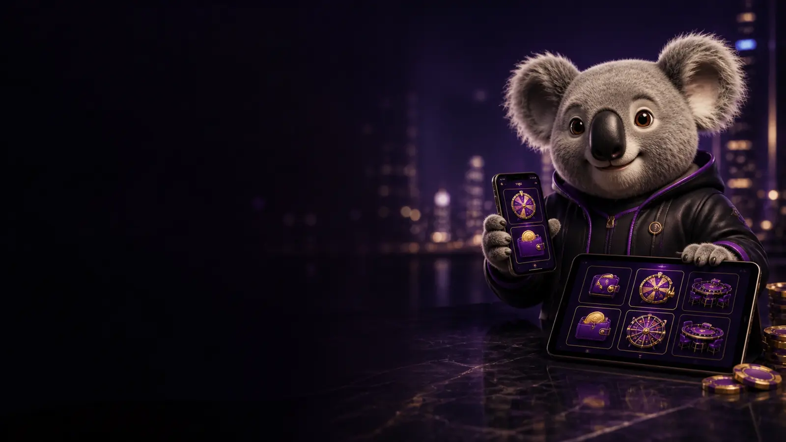 Bizzo Casino PWA mit Koala-Maskottchen auf Smartphone und Tablet
