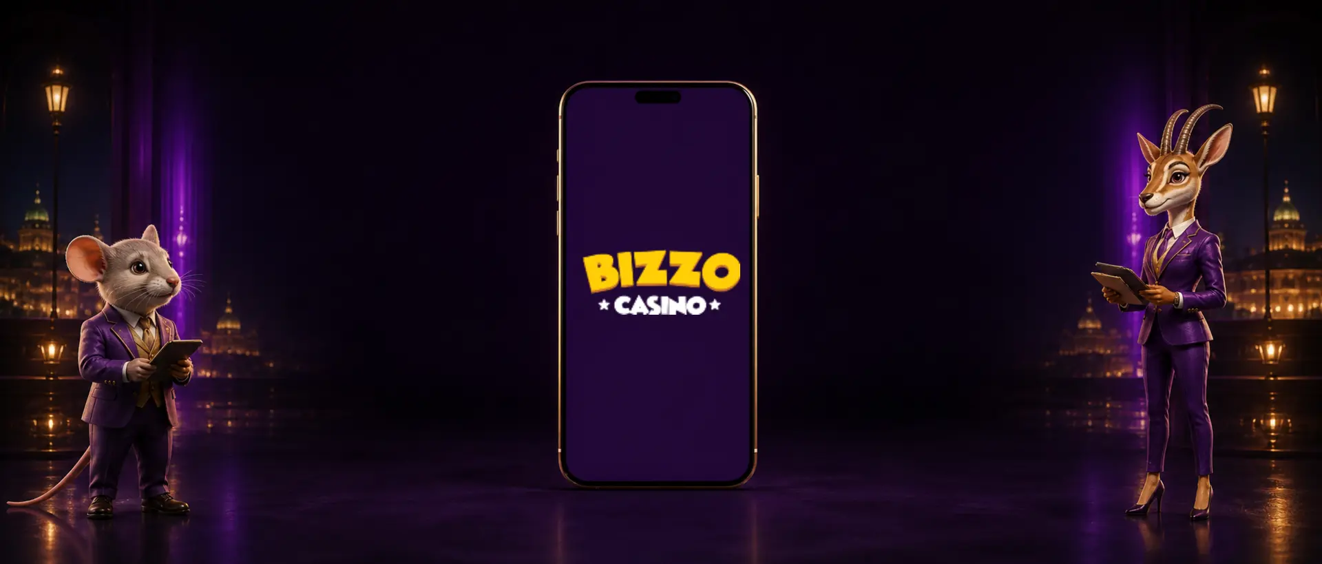 Smartphone mit BizzoCasino Logo zwischen zwei Tiermaskottchen